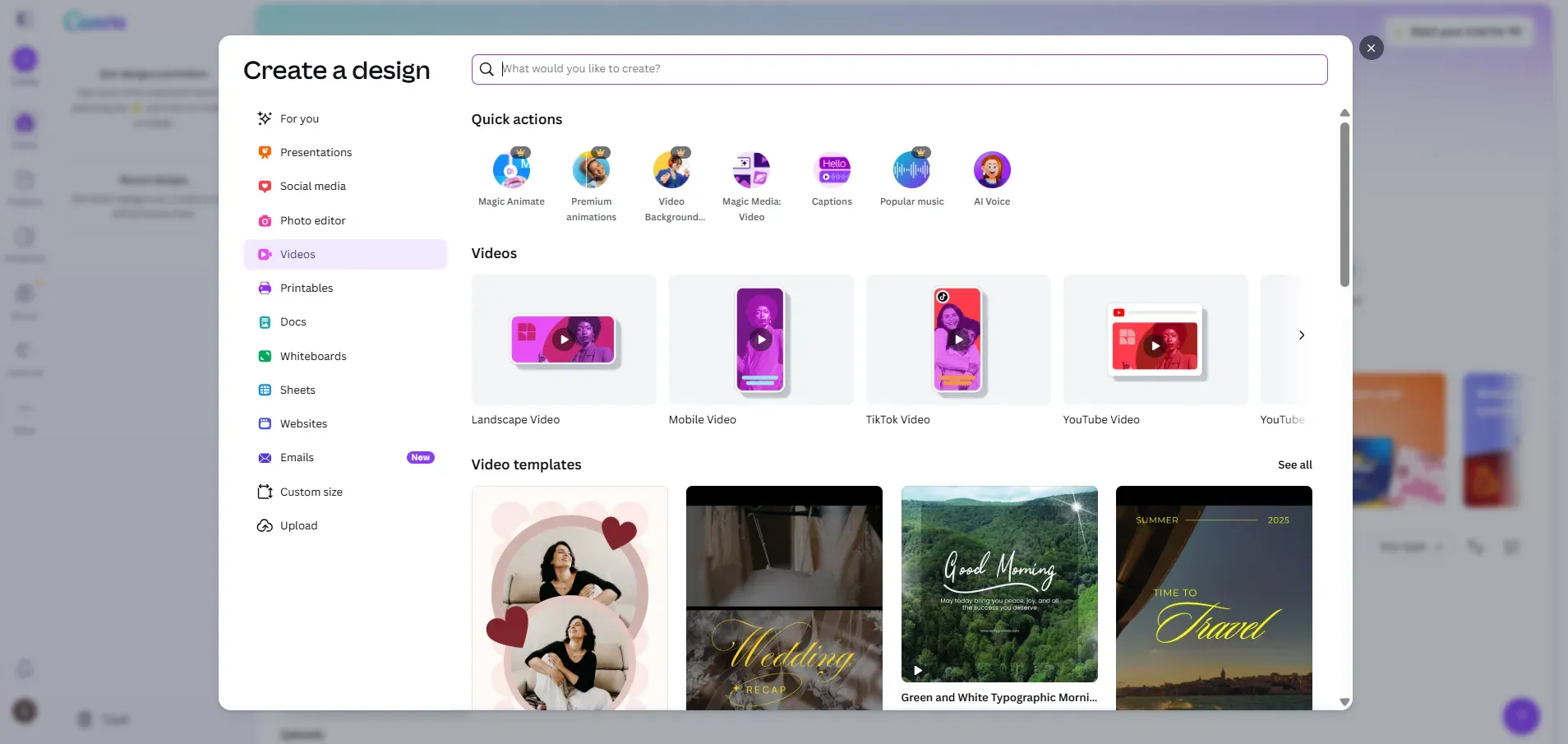 Canva Create a design window showing video options and templates.
